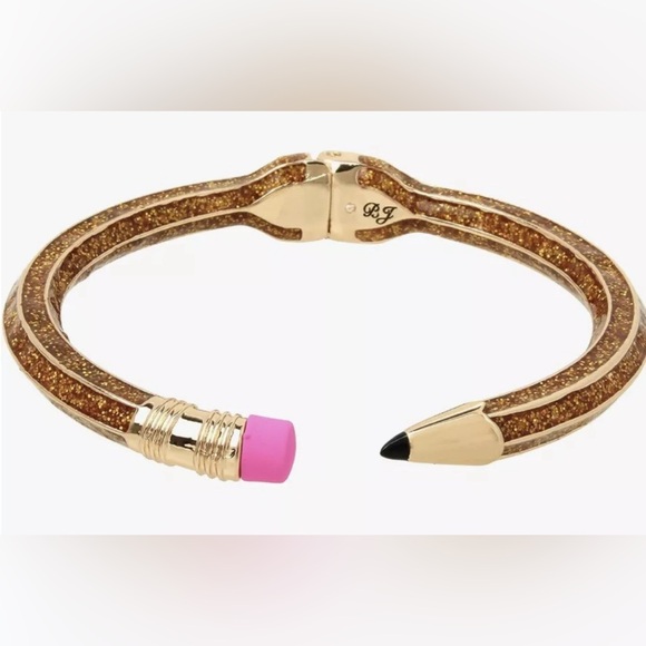 New BETSEY Johnson Gold Glitter Pencil Hinged Cuff Bracelet Back To School - Picture 10 of 16